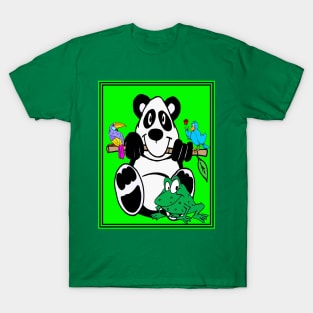 Comic Animation Abstract Panda, Birds and Frog Print T-Shirt